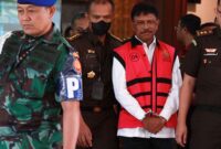 Menteri Komunikasi dan Informatika Johnny G Plate (tengah) berjalan menuju mobil tahanan usai menjalani pemeriksaan di Kejaksaan Agung (Kejagung), Jakarta, Rabu (17/5/2023). Kejaksaan Agung menetapkan Menteri Komunikasi dan Informatika Johnny G Plate sebagai tersangka kasus dugaan korupsi proyek penyediaan infrastruktur BTS 4G infrastruktur pendukung paket 1, 2, 3, 4, 5 Bakti Kominfo tahun 2020-2022 yang merugikan negara mencapai Rp8 triliun. ANTARA FOTO/Reno Esnir/foc.